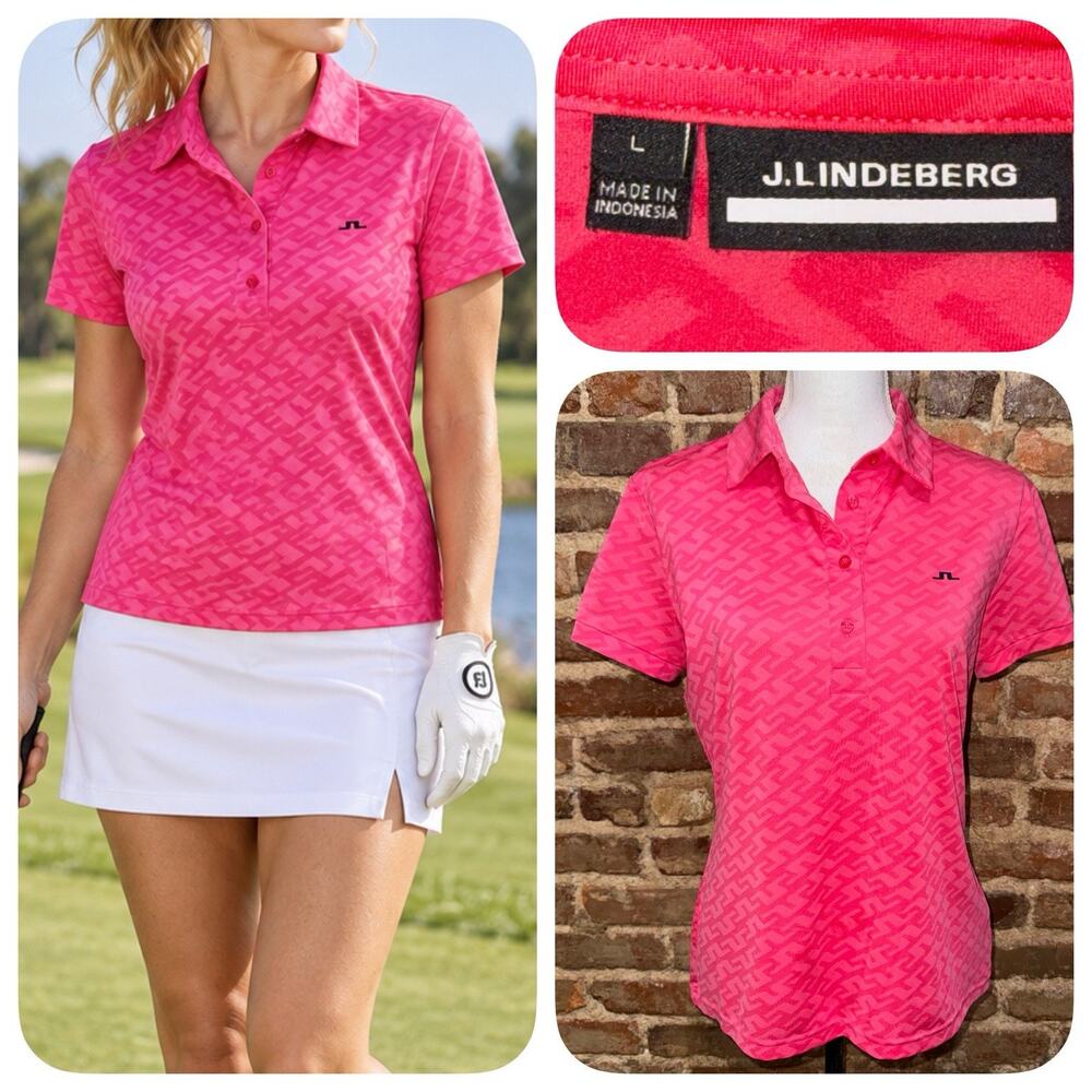 J. LINDEBERG ALAYA JACQUARD Golf Polo PINK Sz L Preppy Luxury Country Club EUC